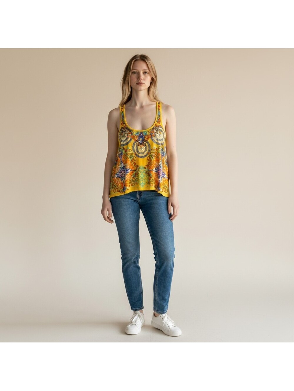 Rue21 Tank Women S Small Yellow Geometric Sleeveless Wide Strap Casual Stretch